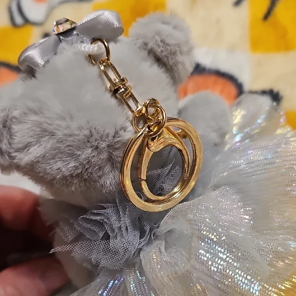Gray Plush Bear with Silver Tutu Bag Charm Or Key Chain - Picture 3 of 4
